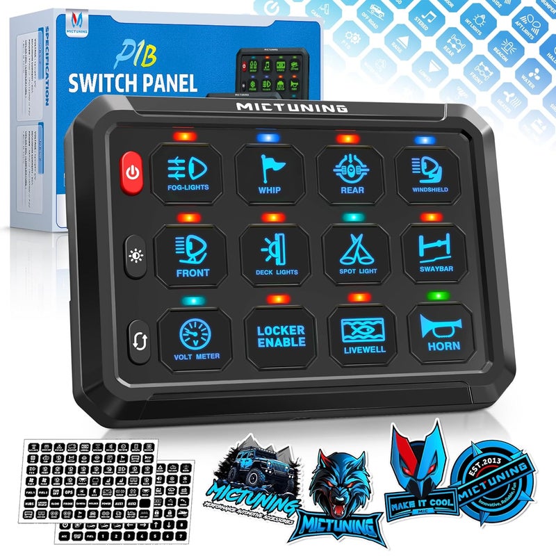 MICTUNING لوحة مفاتيح P1B 12 مجموعة زرقاء، مفتاح متعدد الوظائف مؤقت فلاش ستروب مع إضاءة خلفية مطفأة، نظام تحكم في الدائرة بمستوى سطوع 6 للتحكم في المرحلات لشاحنة RV الطرق الوعرة البحرية - Image 1